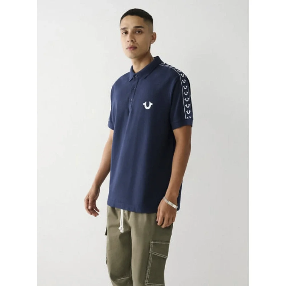 True Religion Men Damask Short Sleeve Polo Shirt Dress Blue Size M